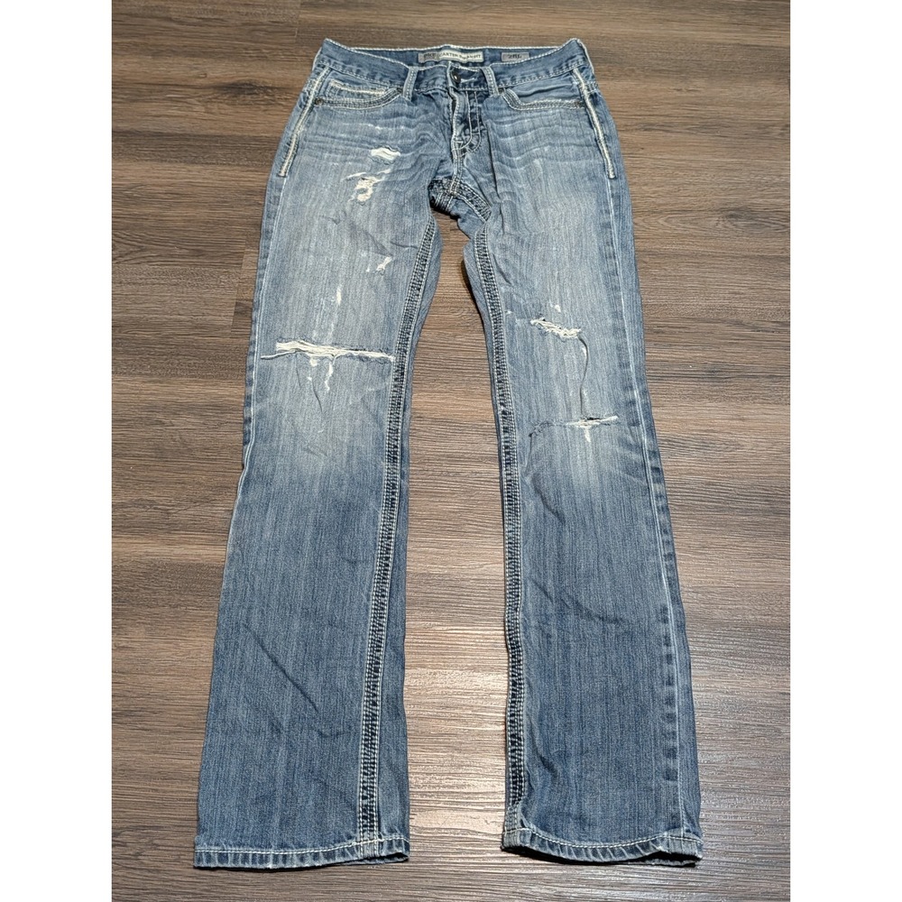 BKE Carter Straight Jeans Mens 28L Medium Wash Distressed Thick Stitch Western